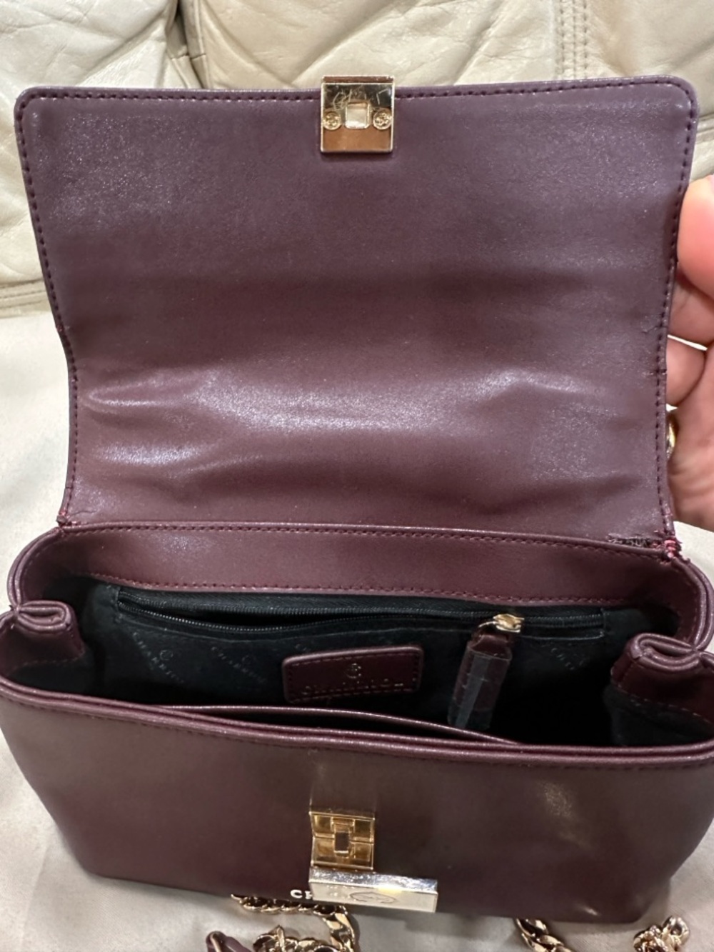 Charriol Burgundy Leather Satchel with Gold Chain Strap - Picture 10 of 15